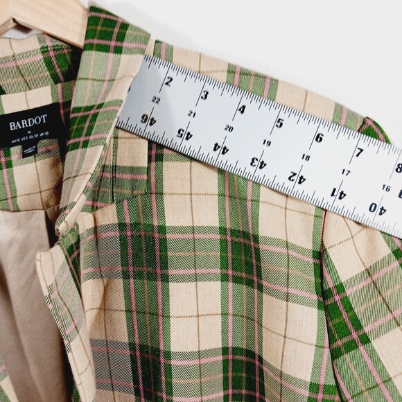 Bardot, Plaid Long Blazer Jacket Green & Soft Gold, Pink Highlight Medium Preppy - Picture 12 of 15